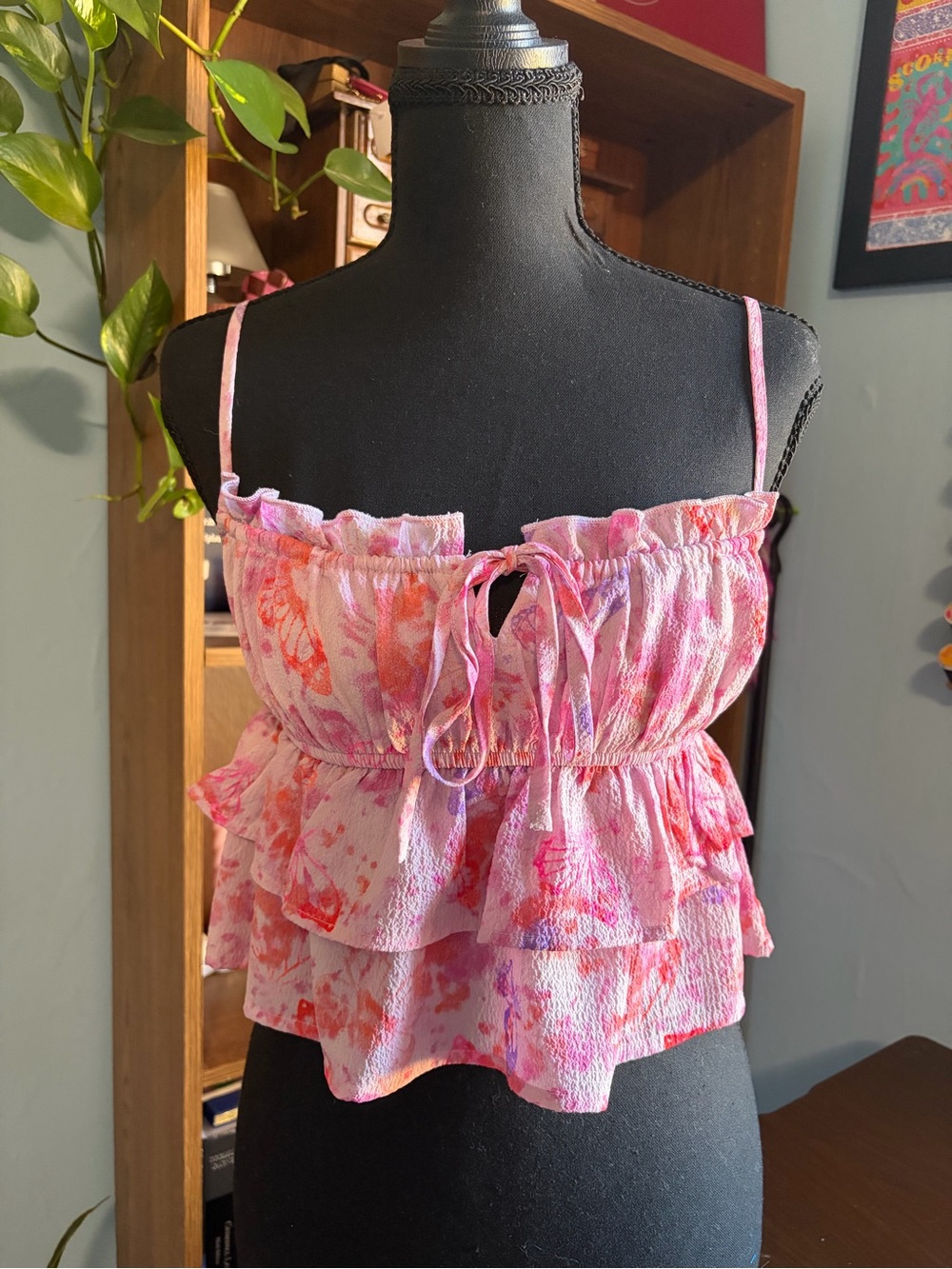 wild fable Pink & Coral Floral Butterfly Smocked Tie-Front Ruffle Cami